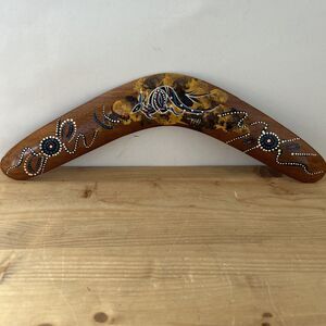 Hand Painted Wood Boomerang Australian Aboriginal Folk Art Design Signed T.H.
